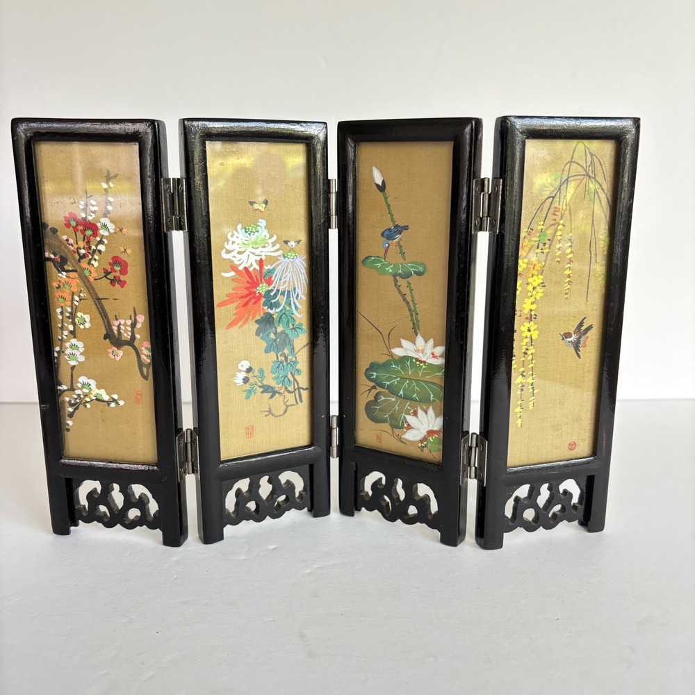 Vintage Asian Miniature Folding Screen Hand Painted Silk Floral Birds Women